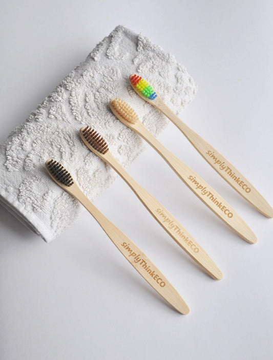 Four Adult Bamboo Toothbrush - Flat -  Zero Waste Eco Friendly Plastic Free Natural Bamboo Brush - Soft Bristle - simplyThinkECO