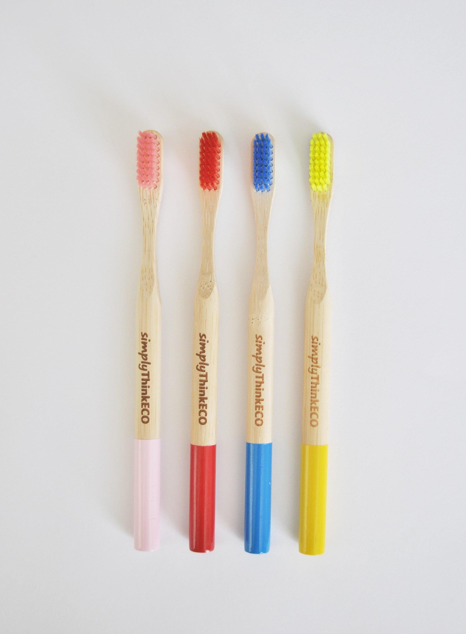 Four Adult Biodegradable Bamboo Toothbrush - Round - Zero Waste Eco Friendly Plastic Free Natural Bamboo Brush - Soft Bristle - simplyThinkECO