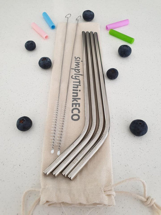 Stainless Steel Straws - Bent - SILVER- 4 PACK - simplyThinkECO